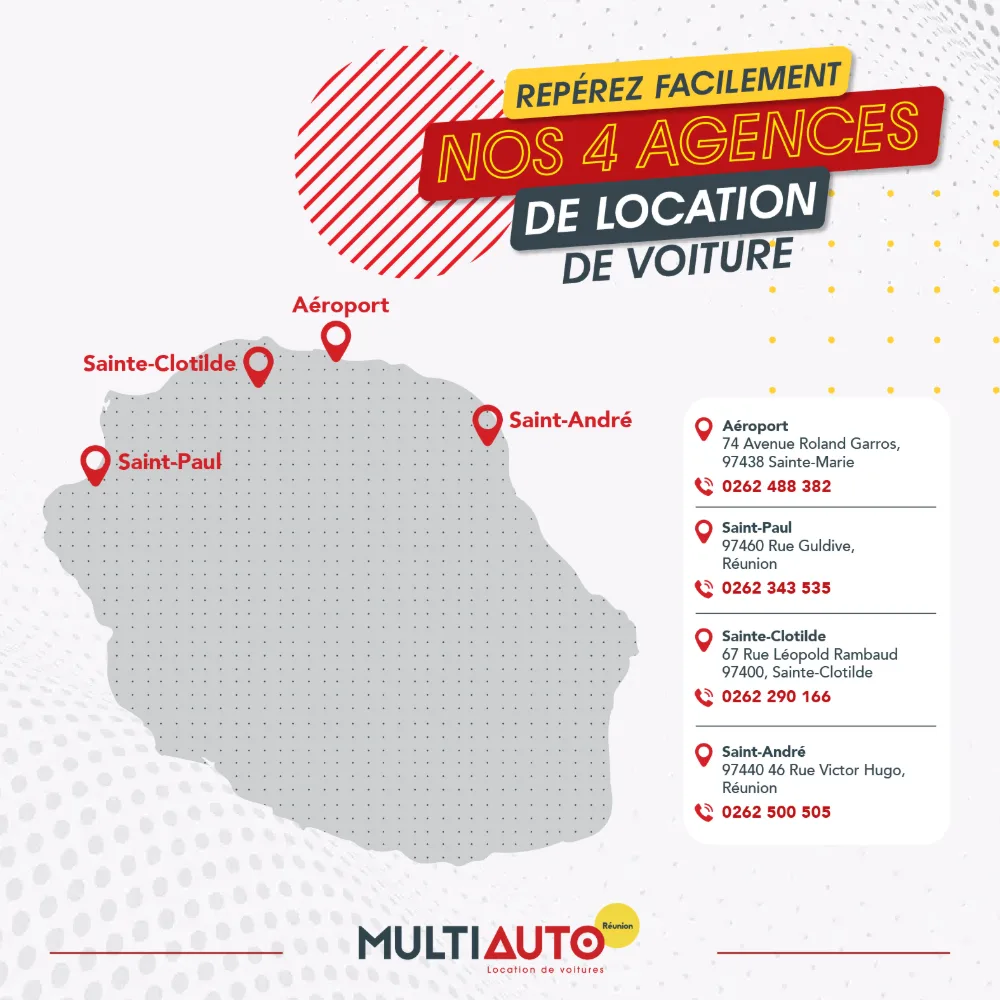 Carte de La Réunion avec les 4 agences MultiAuto : Aéroport Roland Garros, Sainte-Clotilde, Saint-André et Saint-Paul