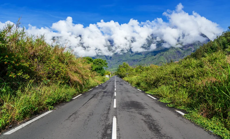 Mountain road to Cilaos and Salazie in Réunion under the clouds