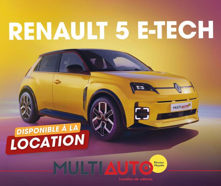 location voiture reunion, Renault 5 E-Tech électrique en location pour vos déplacements à La Réunion