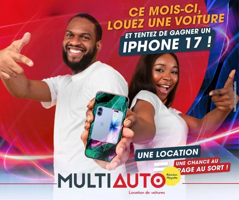 Visuel promotionnel Multiauto Réunion : louez un véhicule ce mois-ci et tentez de gagner un iPhone 17 au tirage au sort
