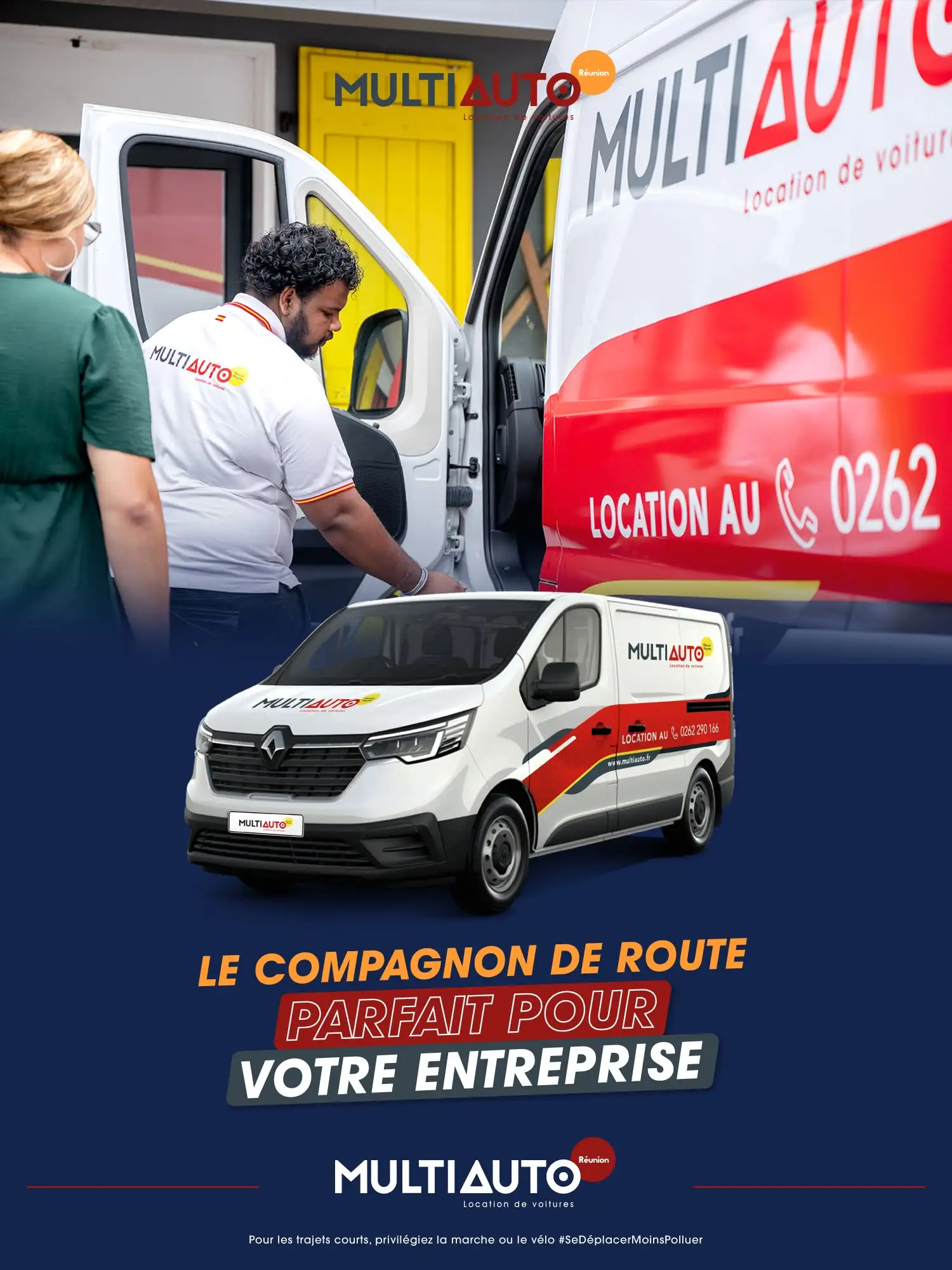 Location utilitaire pour entreprise à La Réunion : bien choisir Conseiller Multi Auto remettant un fourgon à une cliente, devant un utilitaire de location pour entreprise à La Réunion