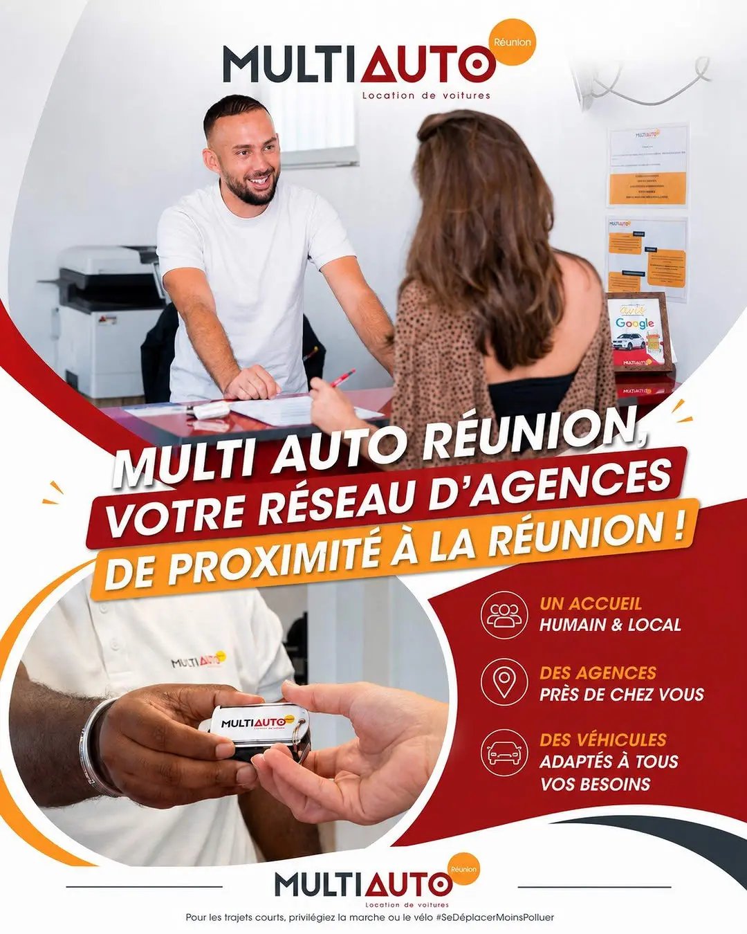 Conseiller Multi Auto accueillant une cliente au comptoir d'une agence de location de voitures à La Réunion